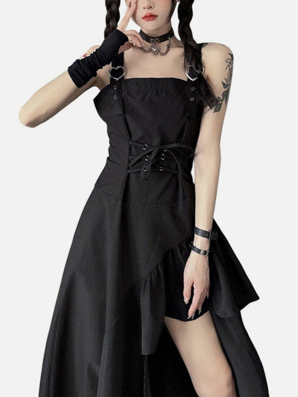 Dark Irregular Drawstring Waist Slip Dress