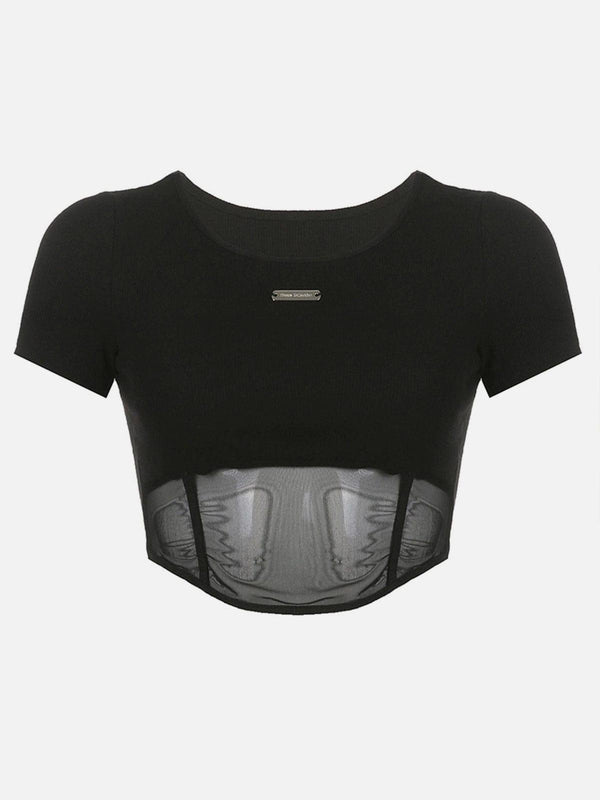 Perspective Dark Mesh Crop Short Sleeve T Shirt