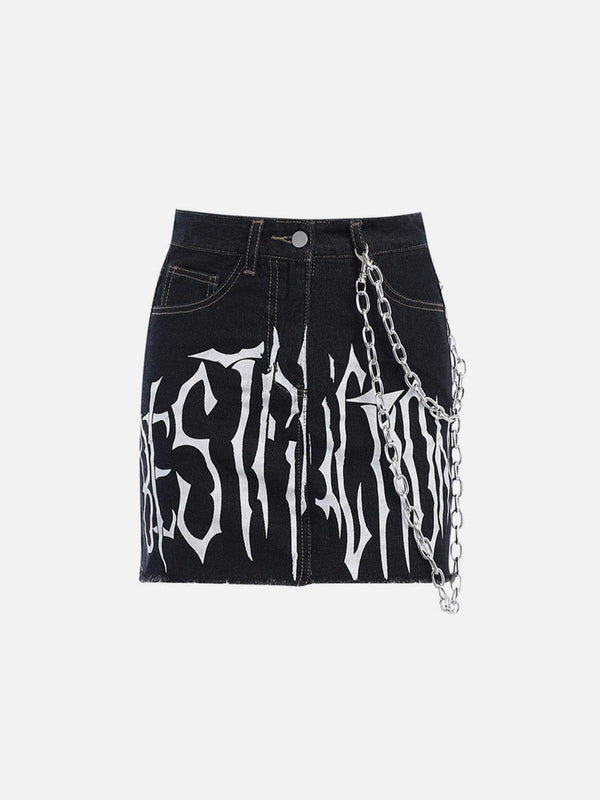 Dark Punk Print Chain Denim Skirt