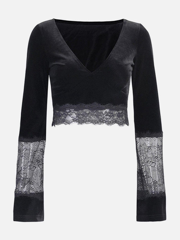 Lace Patchwork Trumpet Long Sleeve T Shirt