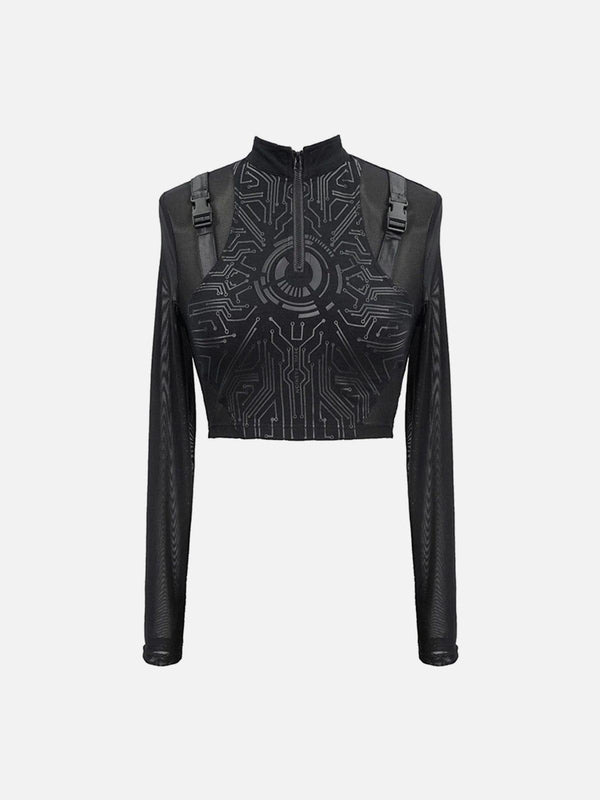 Mechanical Print Buckle Long Sleeve T Shirt