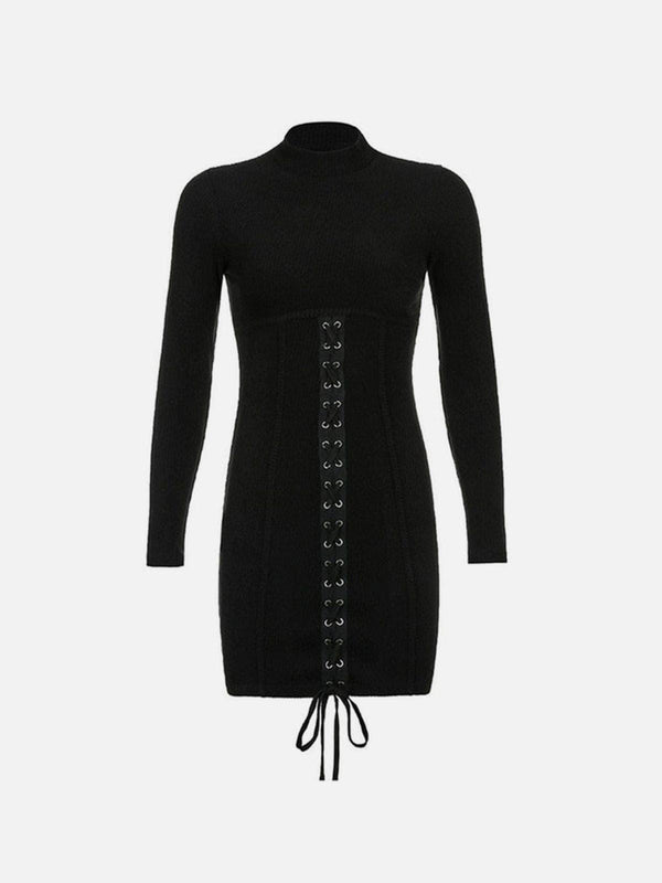 Half Turtleneck Patchwork Cross Tie Dress