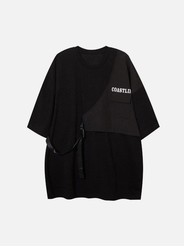 Contrasting Color Stitching Buckle Streamer Tee