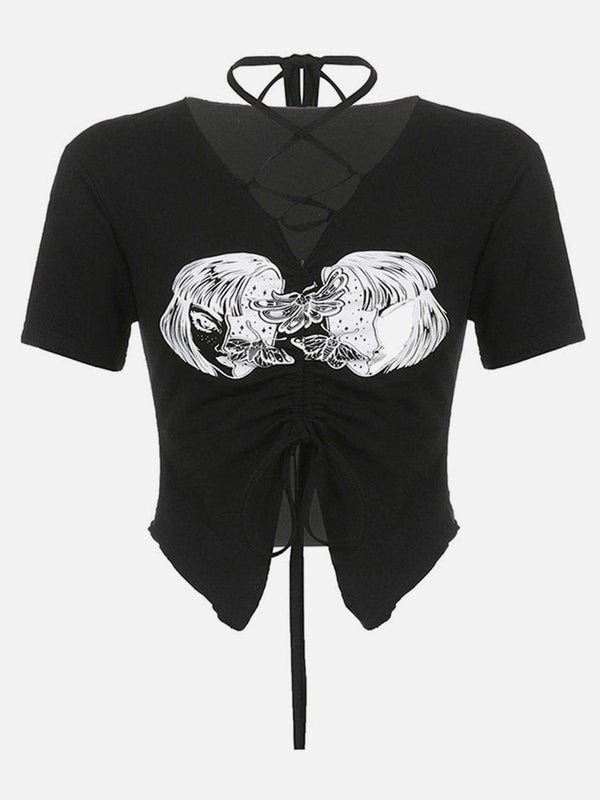 Sexy Wing Print Tie Short Sleeve T Shirt