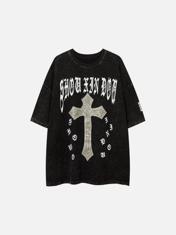 Cross Print Washed Graphic Tee