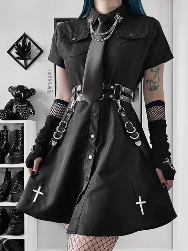 Dark Punk Cross Embroidery Tie Ribbons Dress