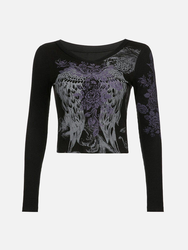 Rose Wings Graphic Long Sleeve T Shirt