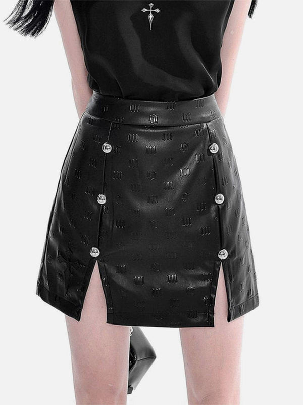 Punk Sanskrit Embossed Slit PU Skirt