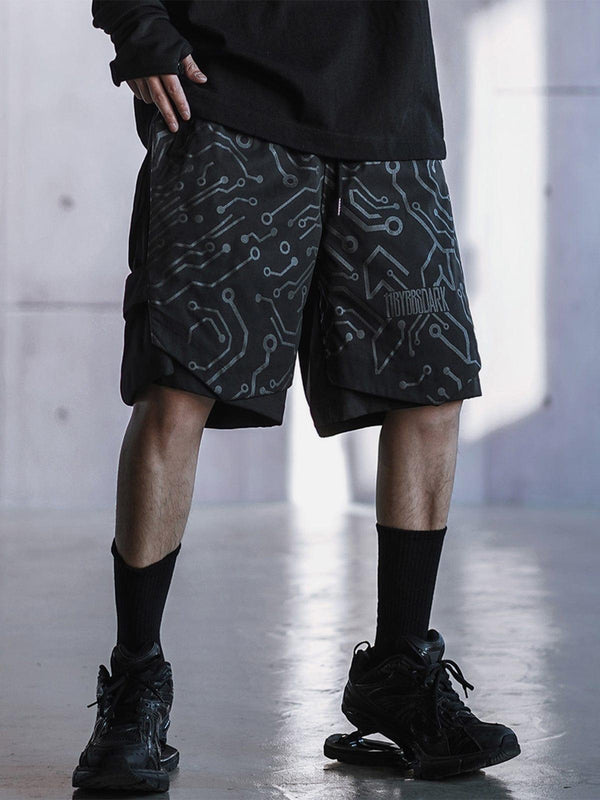 Dark Mechanical Print Cargo Shorts