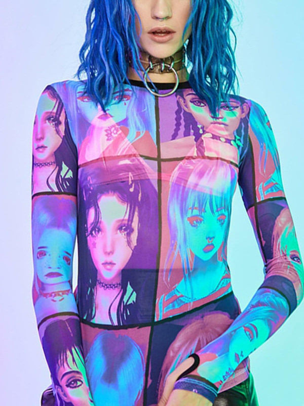 Colorful Cartoon Print Long Sleeve T Shirt