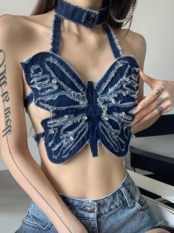 Denim Distressed Butterfly Suspender Vest