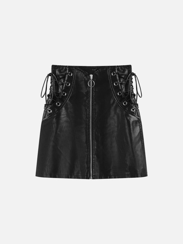 Side Straps Zip Up PU Skirt