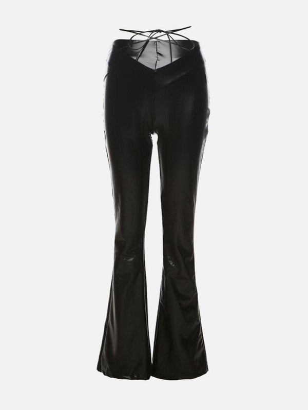 Wide-Leg Strap Slim Fit PU Leather Pant