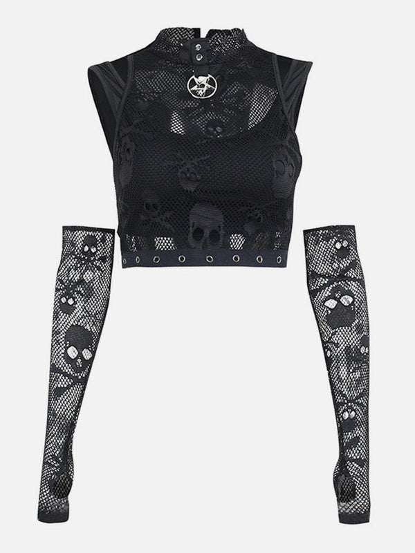 Skull Mesh Lace Cuff Shirt