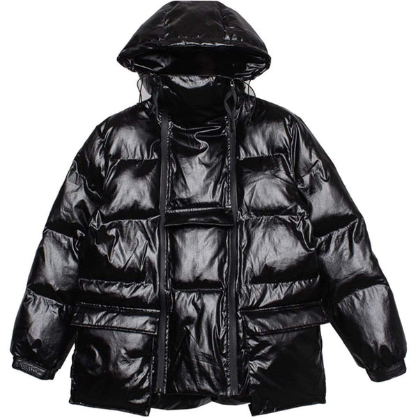 Shiny Double Zipper Hooded Winter Coat