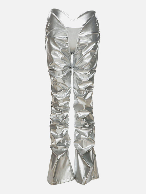 Technological Silver Pleated PU Pants