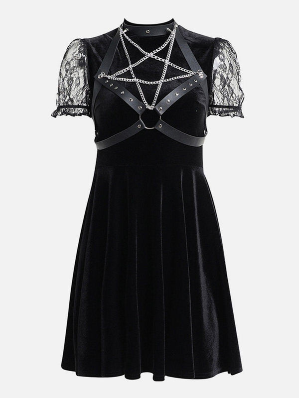 Gothic Chain Pentagram Mesh Patchwork Velvet Dress