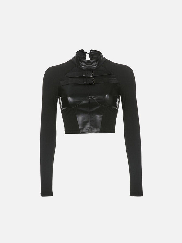 Leather Panel Metal Buckle Long Sleeve T Shirt