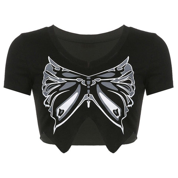 Butterfly Print Cropped Short Sleeve T Shirt