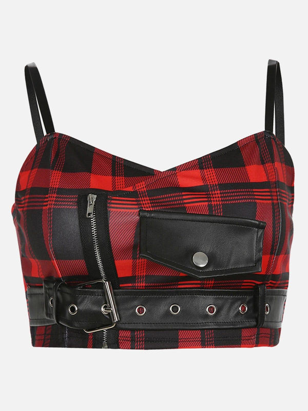 PU Buckle Patchwork Plaid Vest