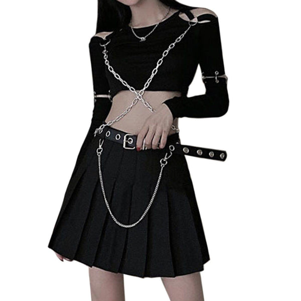 Dark Punk Personality Chain T-Shirt Pleated Skirt Two-Piece Set